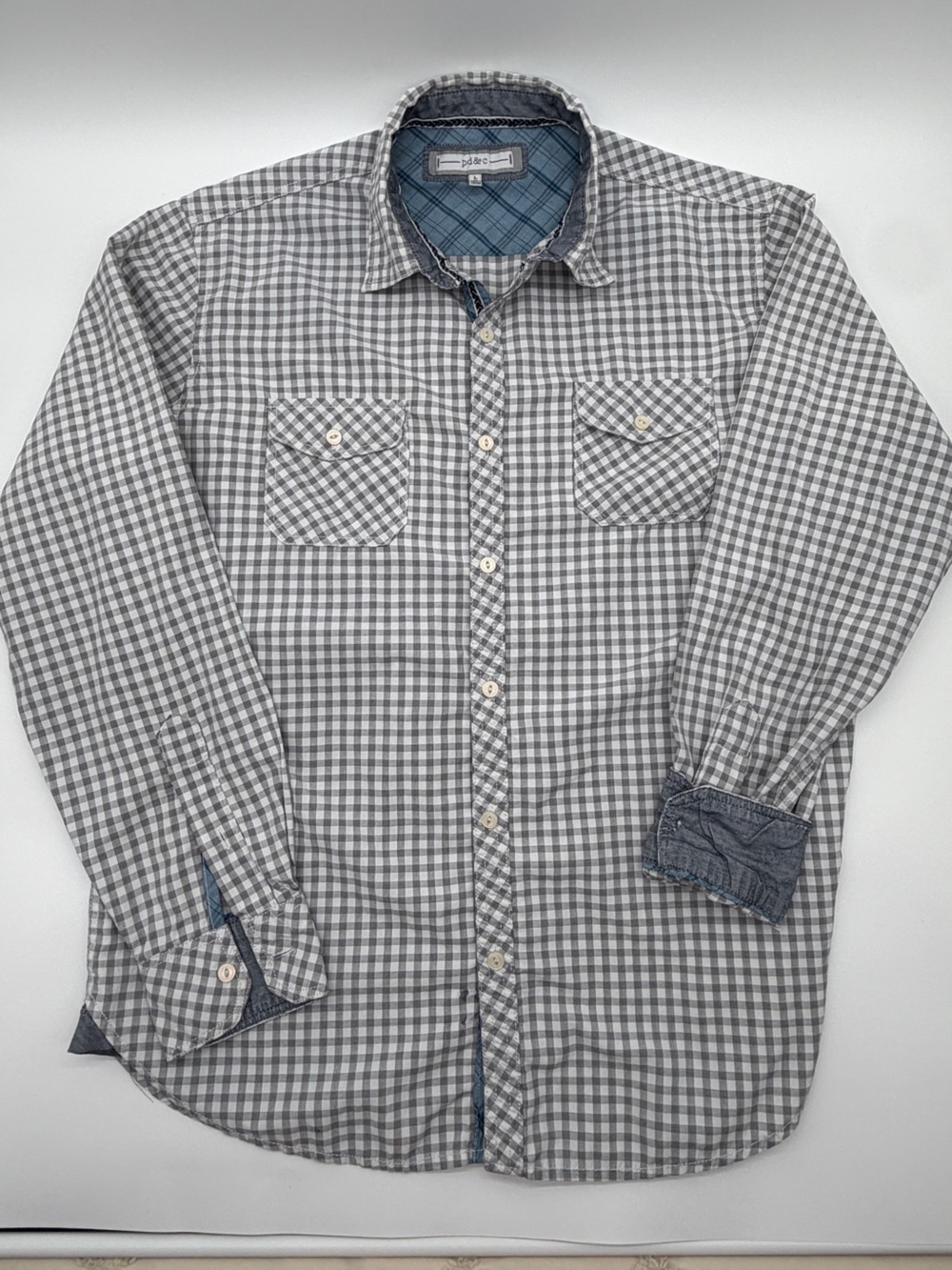 Men's Large Gingham Plaid Long Sleeve Button Down Shirt Gray White Blue Trim **
